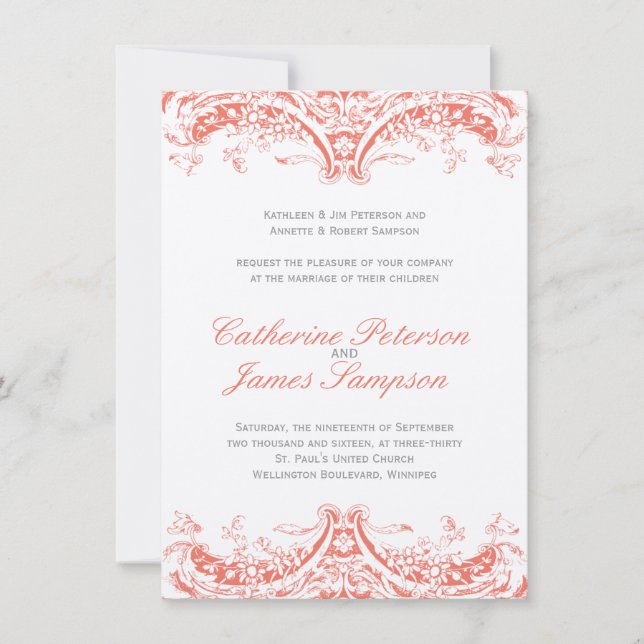 Invitaciones a la boda de coral de época (Anverso)
