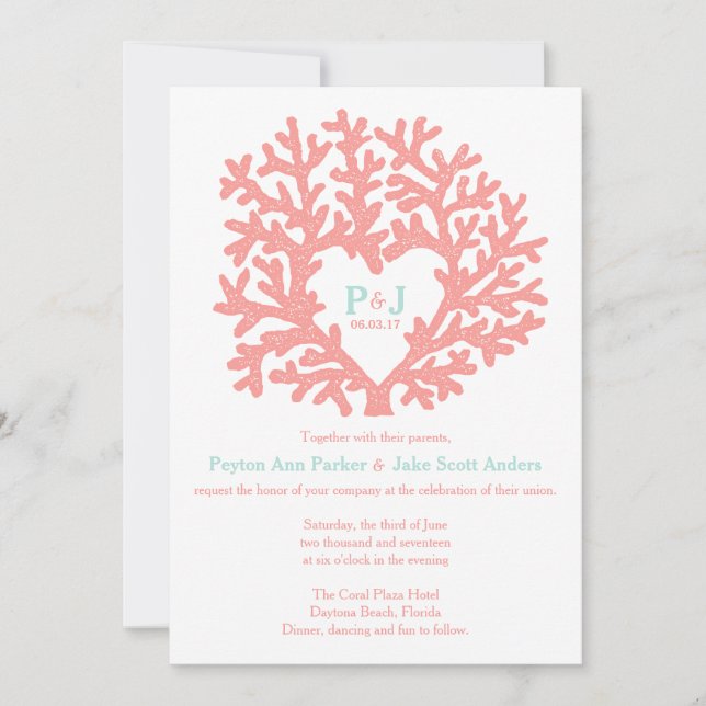 Invitaciones a la boda de Coral Heart Aqua Beach (Anverso)