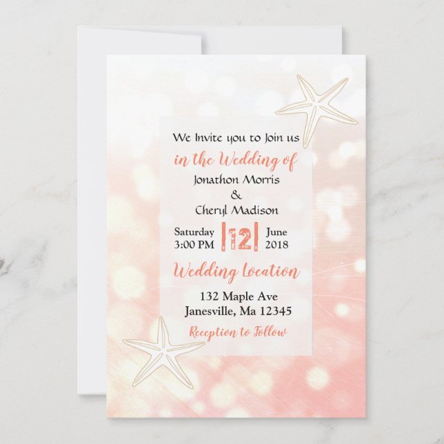 Invitaciones a la boda de Coral Starfish Beach (Anverso)