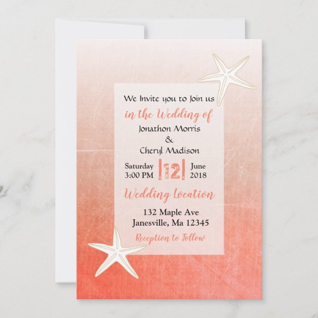 Invitaciones a la boda de Coral Starfish Beach (Anverso)