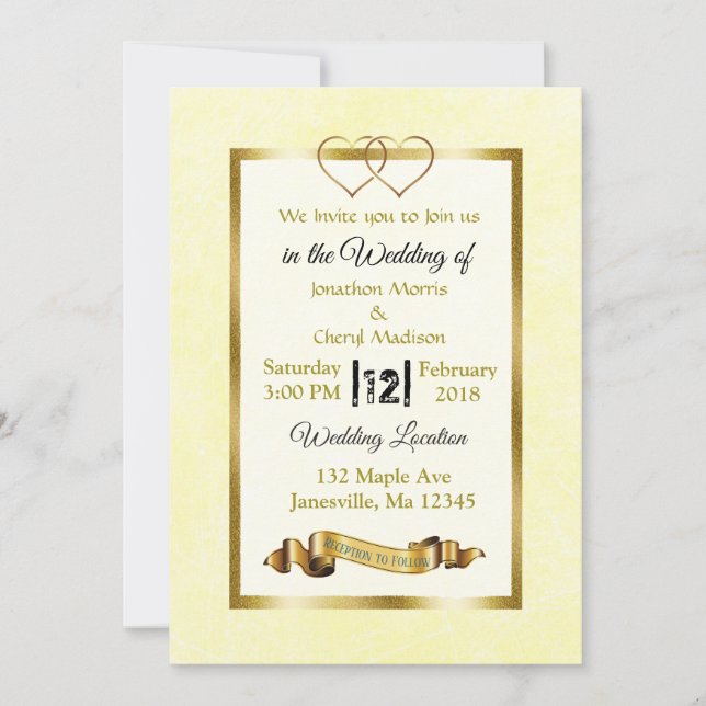 Invitaciones a la boda de corazones amarillos y do (Anverso)
