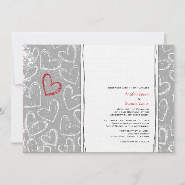 Invitaciones a la boda de corazones grises y rojos (Anverso)