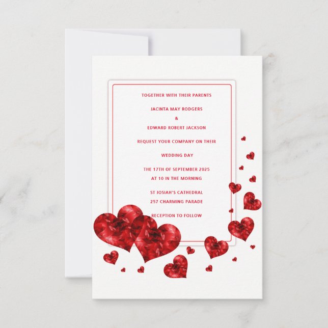 Invitaciones a la boda de corazones rojos (Anverso)