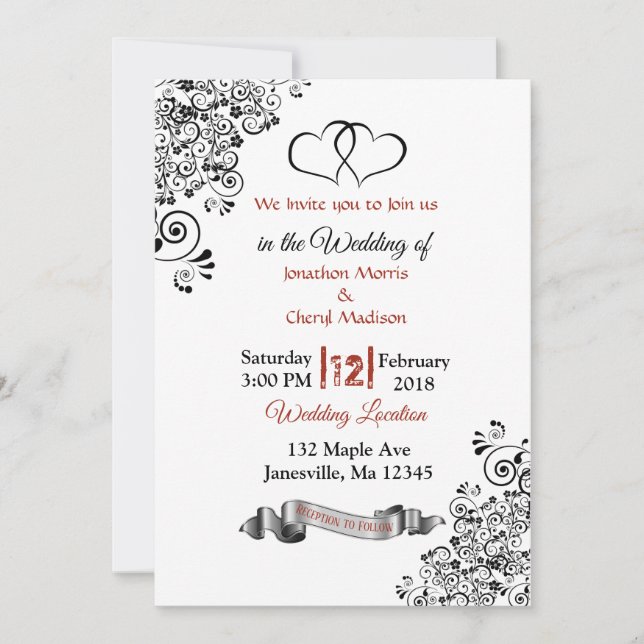 Invitaciones a la boda de corazones rojos, negros  (Anverso)