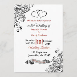 Invitaciones a la boda de corazones rojos, negros 