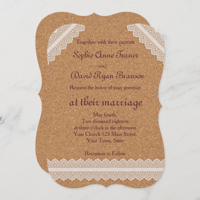 Invitaciones a la boda de corcho de encaje blanco (Anverso / Reverso)