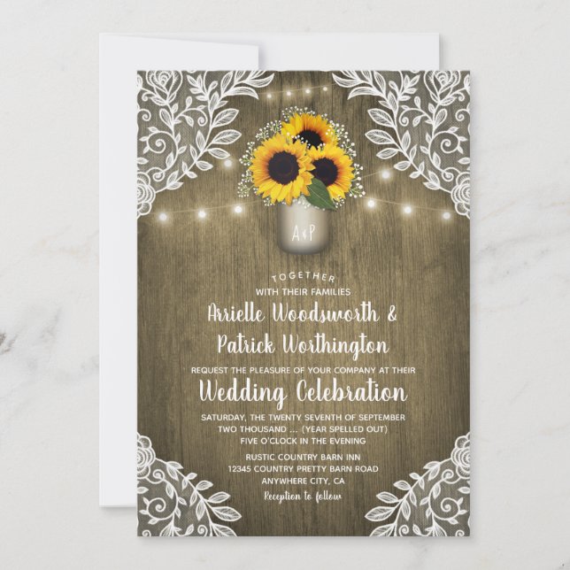 Invitaciones a la boda de Country Sunflower Mason  (Anverso)