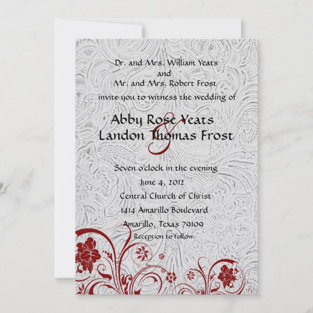 Invitaciones a la boda de cuero blanco y encaje ro (Anverso)