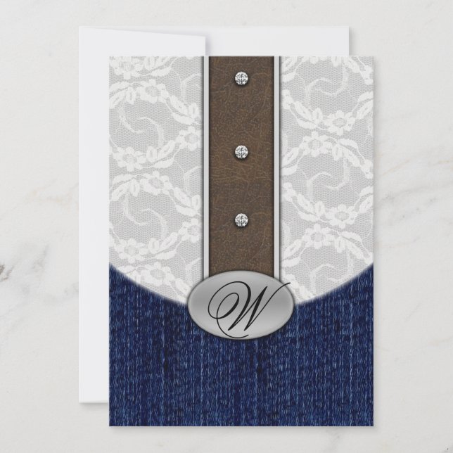 Invitaciones a la boda de cuero y denim de encaje  (Anverso)