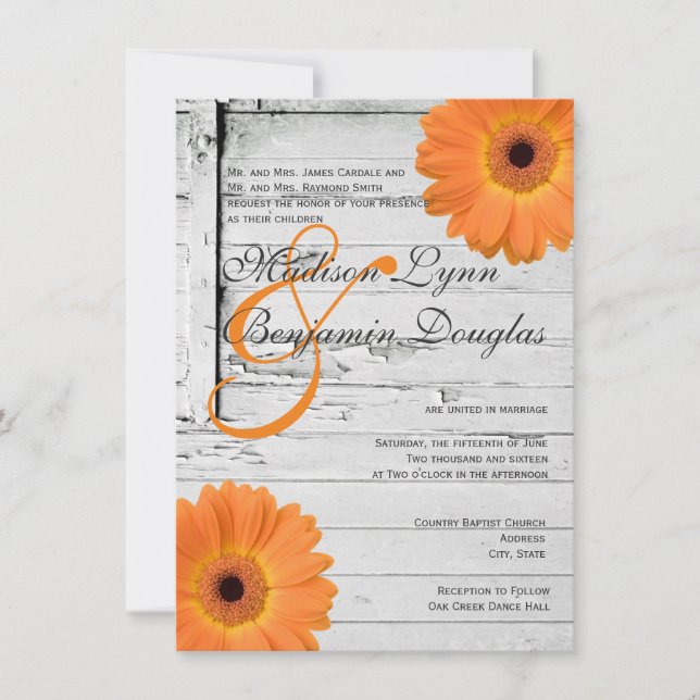 Invitaciones a la boda de Daisy Naranja de Madera  (Anverso)