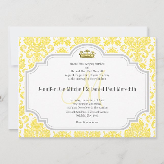 Invitaciones a la boda de Damasco Amarillo Monogra (Anverso)