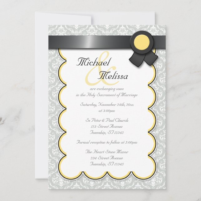 Invitaciones a la boda de Damasco amarillo y gris (Anverso)