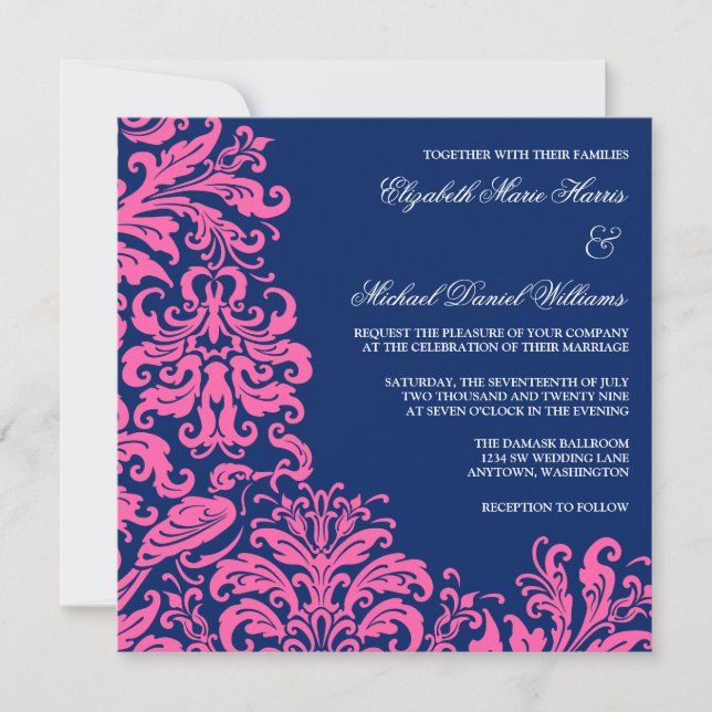 Invitaciones a la boda de Damasco Azul Rosa Azul M (Anverso)