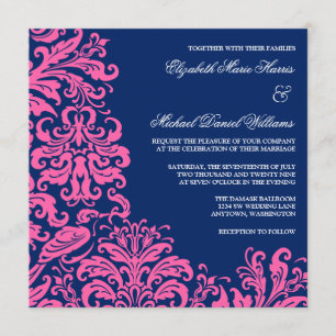 Invitaciones a la boda de Damasco Azul Rosa Azul M