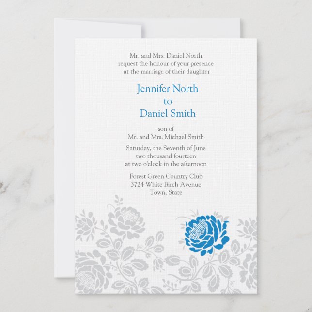 Invitaciones A La Boda De Damasco Azul Y Gris (Anverso)