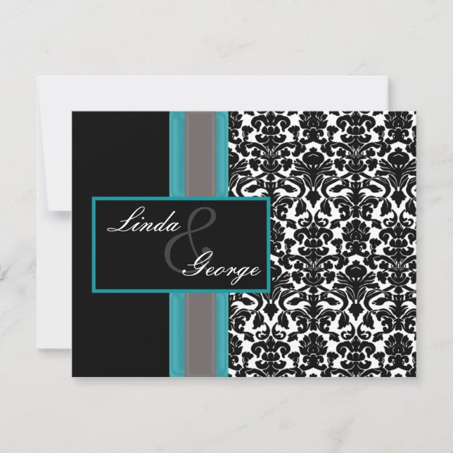 Invitaciones a la boda de Damasco Blanco Aqua (Anverso)