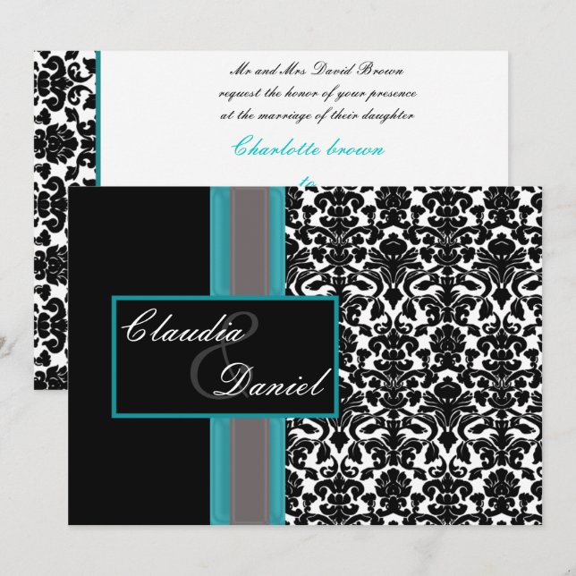 Invitaciones a la boda de Damasco Blanco Aqua (Anverso / Reverso)