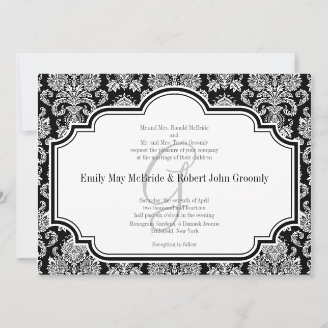 Invitaciones a la boda de Damasco Blanco Negro Mon (Anverso)