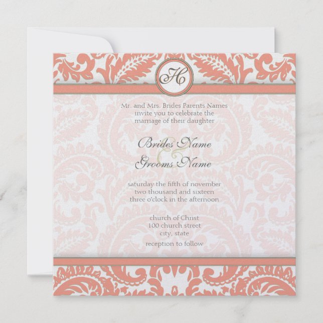 Invitaciones a la boda de Damasco de Coral y Gris (Anverso)