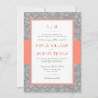 Invitaciones a la boda de Damasco de Coral y Gris