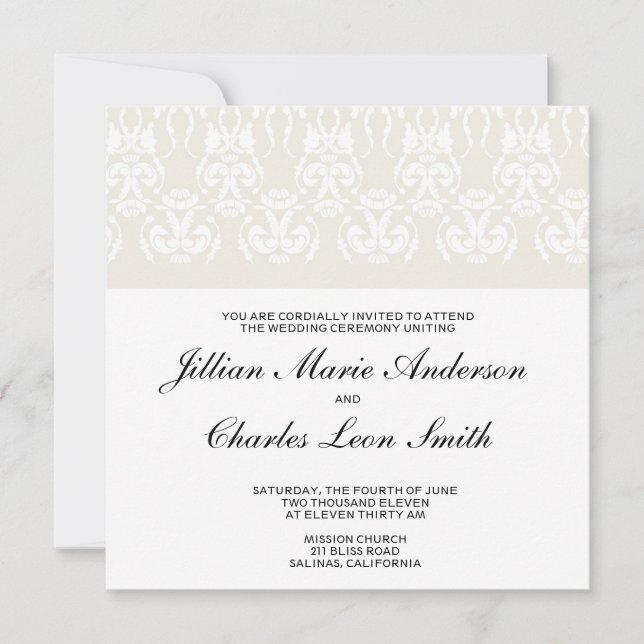 Invitaciones a la boda de damasco de marfil (Anverso)