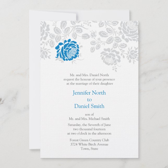Invitaciones a la boda de Damasco en azul y gris (Anverso)