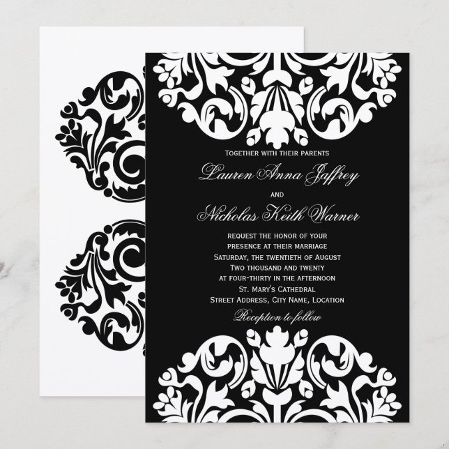 Invitaciones a la boda de Damasco en blanco y negr (Anverso / Reverso)