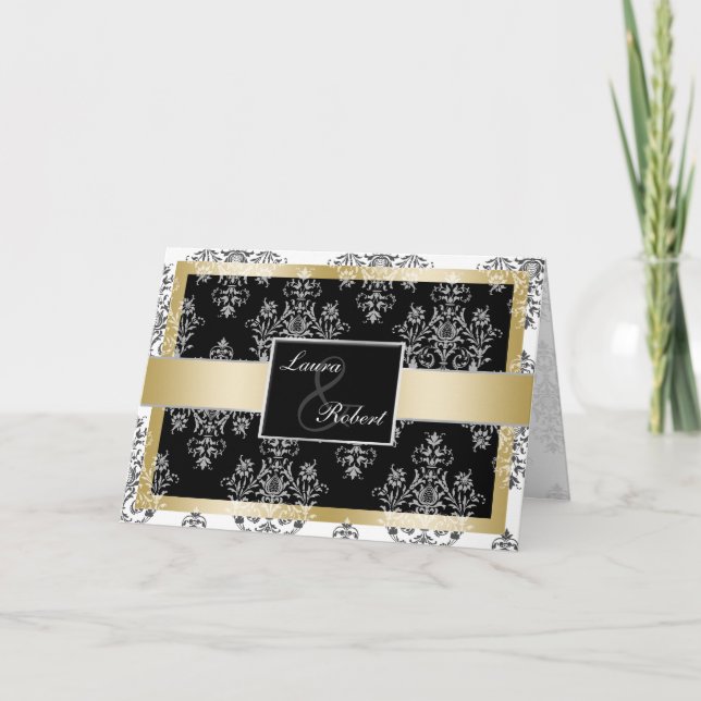 Invitaciones a la Boda de Damasco en Negro Y Oro (Anverso)