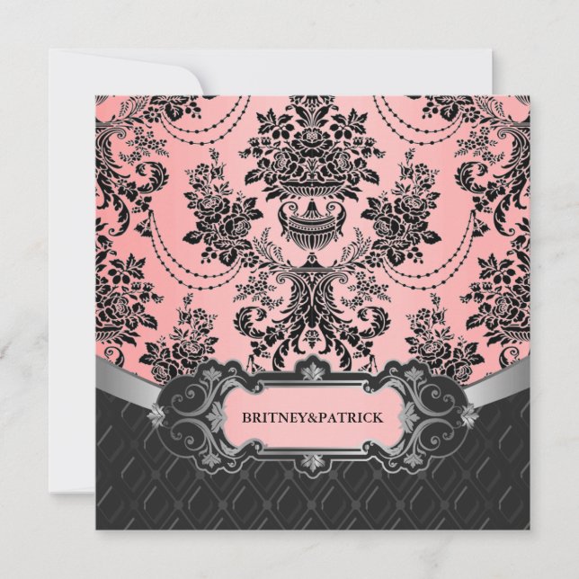 Invitaciones a la boda de Damasco en negro y rosa (Anverso)