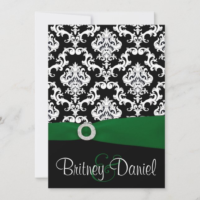 Invitaciones a la boda de Damasco en negro y verde (Anverso)