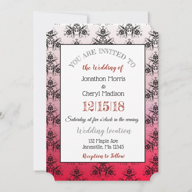 Invitaciones a la boda de Damasco en rojo y negro (Anverso)