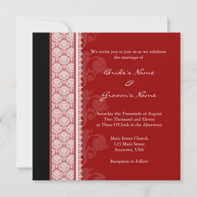 Invitaciones a la boda de Damasco en rojo y negro  (Anverso)