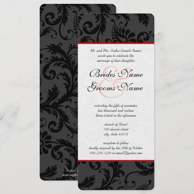 Invitaciones a la boda de Damasco Floral Rojo-Rosa (Anverso / Reverso)