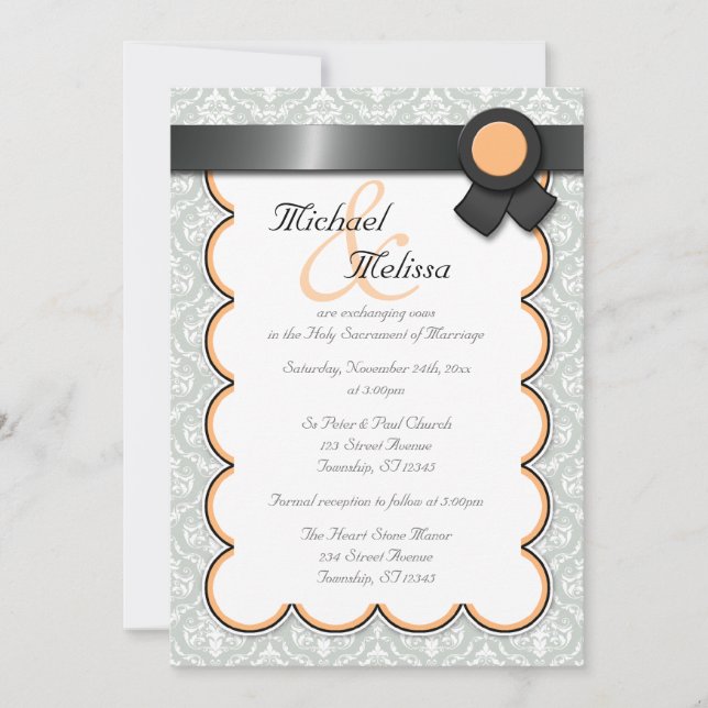 Invitaciones a la boda de Damasco gris y naranja (Anverso)