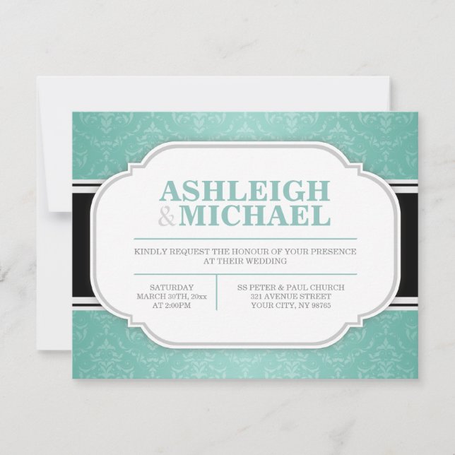 Invitaciones a la boda de Damasco gris y Verde azu (Anverso)