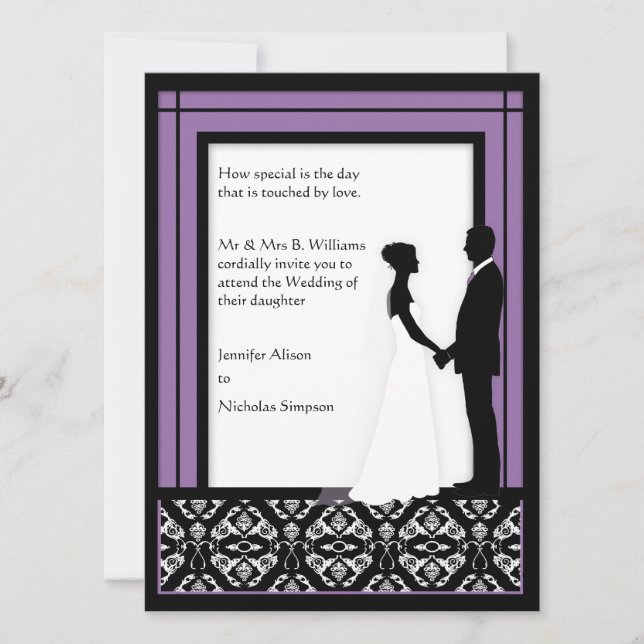 Invitaciones a la boda de Damasco Negro, Blanco y  (Anverso)