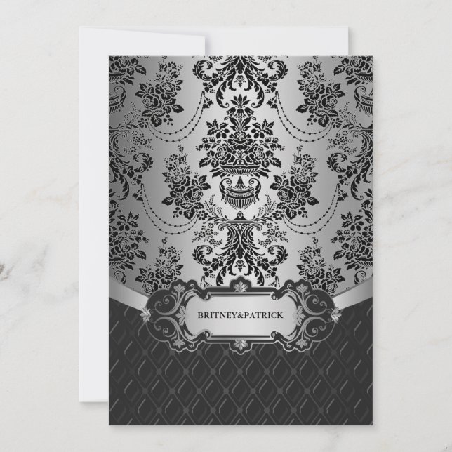 Invitaciones a la boda de Damasco Negro de plata c (Anverso)