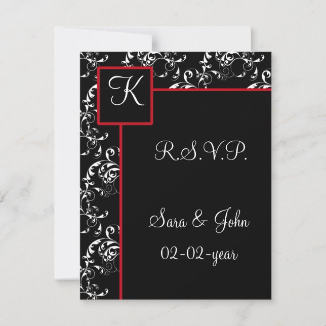 Invitaciones a la boda de Damasco Negro Rojo (Anverso)