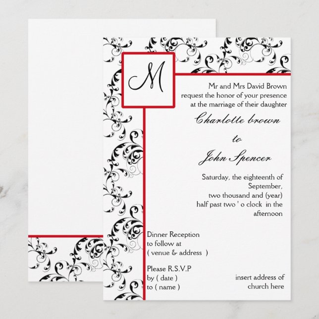 Invitaciones a la boda de Damasco Negro Rojo (Anverso / Reverso)