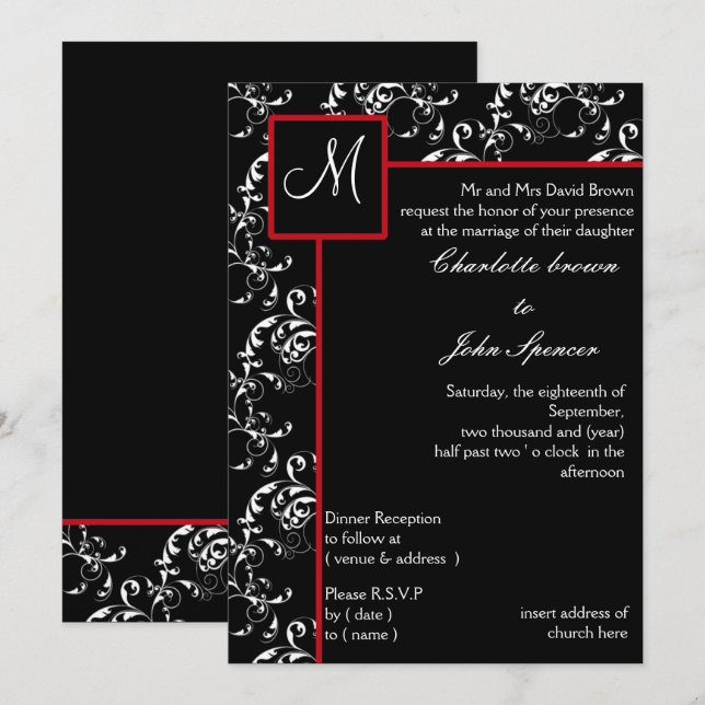 Invitaciones a la boda de Damasco Negro Rojo (Anverso / Reverso)