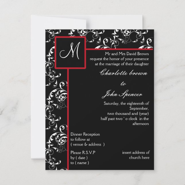 Invitaciones a la boda de Damasco Negro Rojo (Anverso)