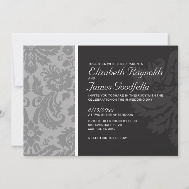 Invitaciones a la boda de Damasco plateado (Anverso)