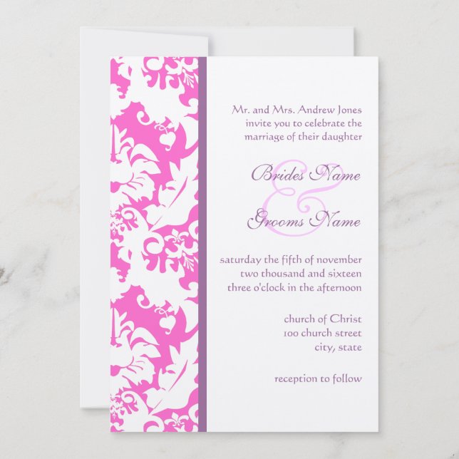 Invitaciones a la boda de Damasco rosa y de Plomo (Reverso)
