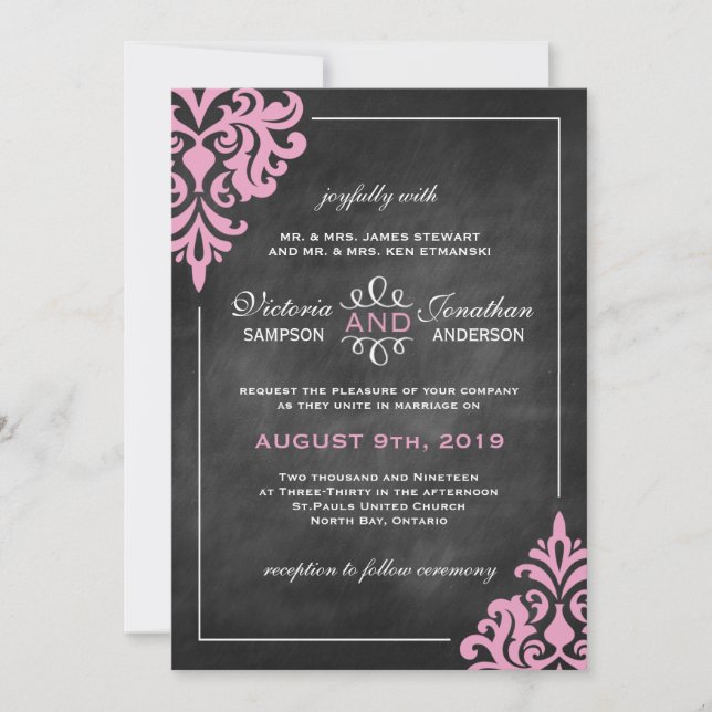Invitaciones a la boda de damasco rosado y de tabl (Anverso)