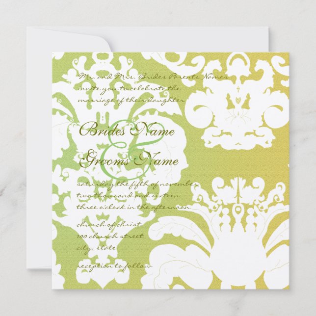 Invitaciones a la boda de Damasco verde y amarillo (Anverso)
