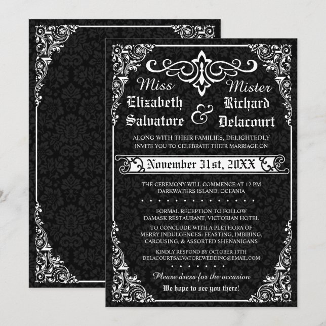 Invitaciones a la boda de Damask en Black Gothic V (Anverso / Reverso)