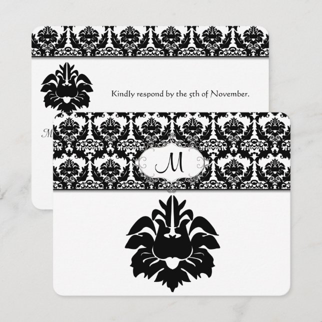 Invitaciones a la boda de Damask en blanco y negro (Anverso / Reverso)