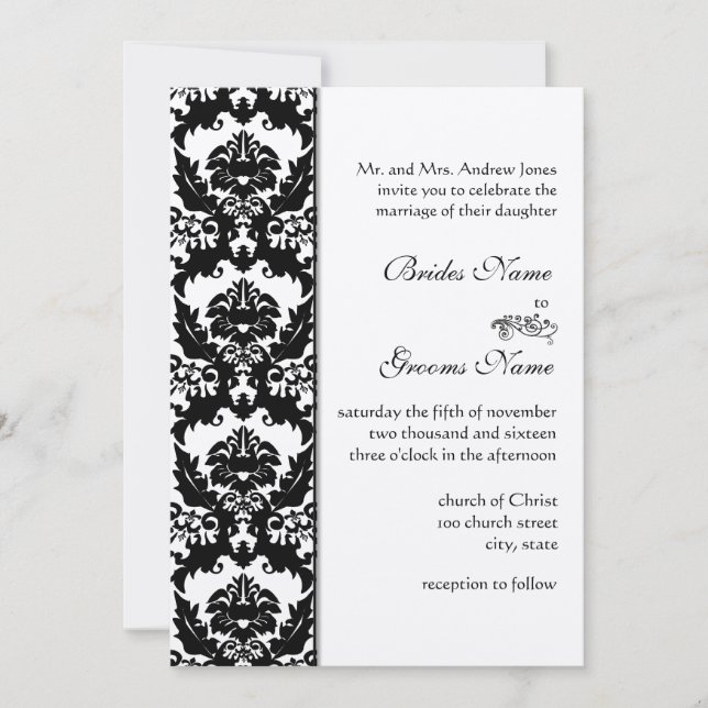 Invitaciones a la boda de Damask en blanco y negro (Anverso)