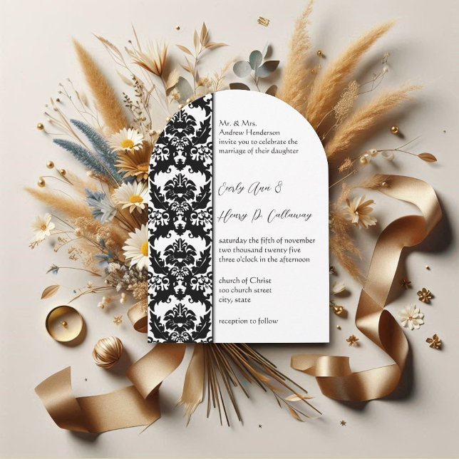Invitaciones a la boda de Damask en blanco y negro (Subido por el creador)