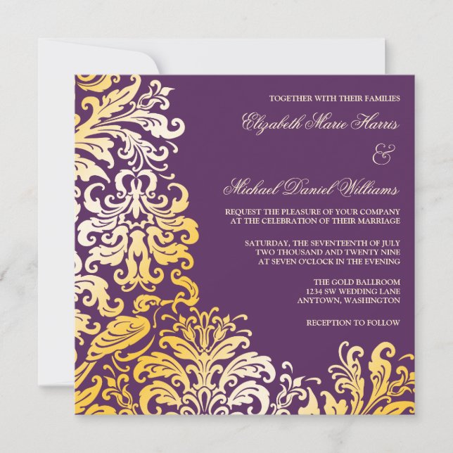 Invitaciones a la boda de Damask Flourish de Oro P (Anverso)